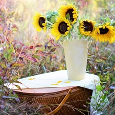 Flowers, Vase, basket, Nice sunflowers