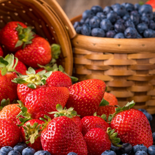 Baskets, strawberries, blueberries