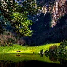 forest, Mountains, Bavaria, Germany, lake, waterfall
