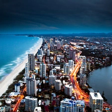 Beaches, buildings, clouds, sea, skyscrapers