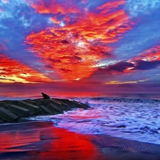 Red, sea, Beaches, clouds
