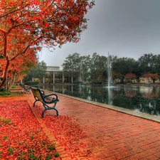 autumn, Fountains, Bench, Park