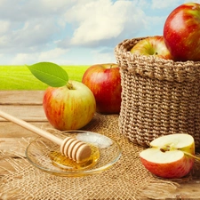 Bench, composition, nuts, honey, apples