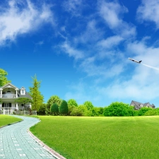 grass, plane, Bench, house, Pavement, clouds