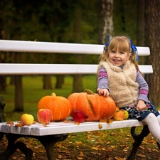 Bench, pumpkin, girl, Park, Kid