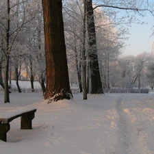 trees, winter, Bench, snow, viewes, Park