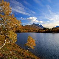 lake, autumn, viewes, birch, trees, Mountains