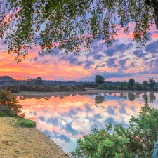 clouds, dawn, trees, birch-tree, River, Sunrise