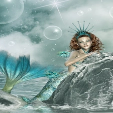 mermaid, Rocks, Bird, water