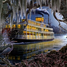 Bird, water, Ship, trees, picture