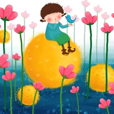 Kid, Flowers, birdies, Meadow