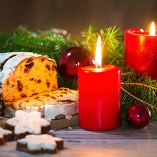 cakes, Red, Christmas, composition, baubles, Candles