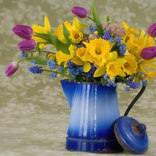 blue, jug, spring, flowers, bouquet