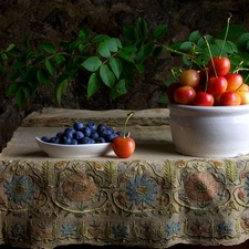 Table, cherries, blueberries, tablecloth