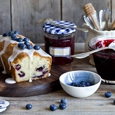 blueberries, plum, Jars, rubber, cutlery, Fruitcake, cake, board