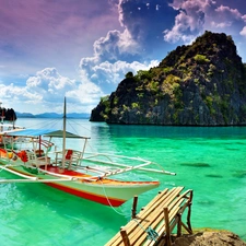 clouds, rocks, Boat, sea