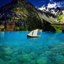 Mountains, lake, Boat, clear