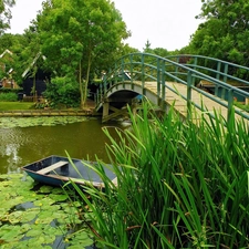 Park, bridges, Boat, Pond - car