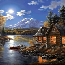 Boat, sun, Mountains, lake, Houses