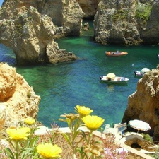 boats, rocks, Gulf