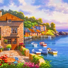 house, sea, boats, terrace