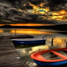 west, lake, boats, sun