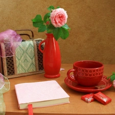 Book, Chocolates, roses, china, Pink