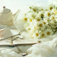 White, White, note-book, pen, china, daisy