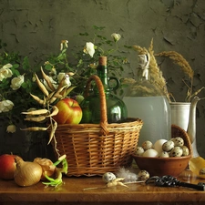 basket, quail, Bottles, Flowers, apples, eggs