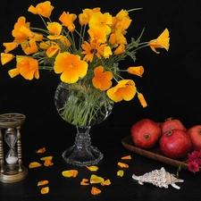 Yellow, bouquet, shell, papavers, composition, grenades, Hourglass Bouquet