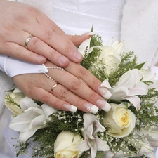 Two, rings, bouquet, hands