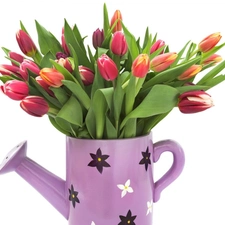 Tulips, watering can, bouquet