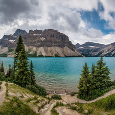 Banff National Park, Bow Lake, clouds, Mountains, viewes, Province of Alberta, Canada, trees