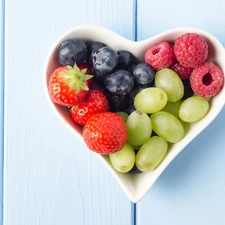 blueberries, strawberries, bowl, Heart, raspberries, Grapes
