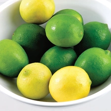 bowl, lemons, limes