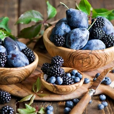 wood, Bowls, blackberries, blueberries, plums