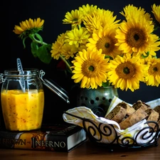 Flowers, Jam, bread, sunflowers