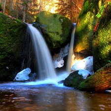 forest, waterfalls, light breaking through sky, boulders