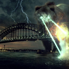 glowing, large, bridge, lightning, Eyes, Bear