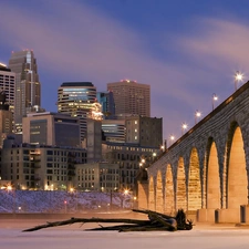 Mississippi, clouds, Minneapolis, Frozen, skyscrapers, bridge, night