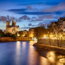 River, Notre, Houses, Paris, Notre, bridge, Night