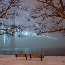 viewes, snow, light, trees, bench, bridge, Night