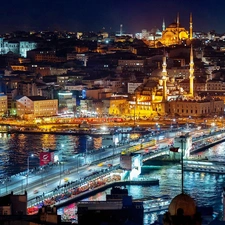 panorama, Night, bridge, town