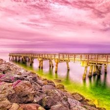 bridge, rocks, west, sun, Pink
