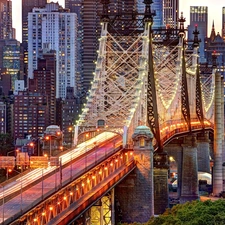 bridge, skyscrapers, USA, Floodlit, New York