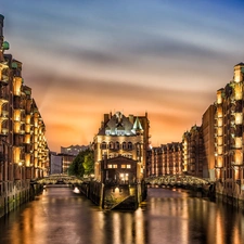 Hamburg, River, Bridges, Houses