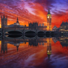 London, bridge, River Thames, Westminster, Great Sunsets, England, Great Britain, Big Ben