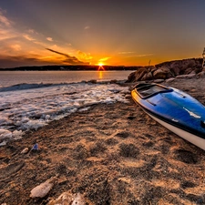 west, sea, Broken, Kayak, sun, Beaches