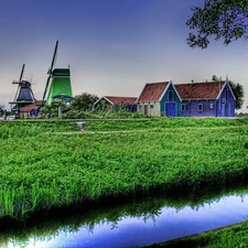 Windmills, grass, brook, Houses