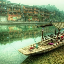 buildings, River, Boat